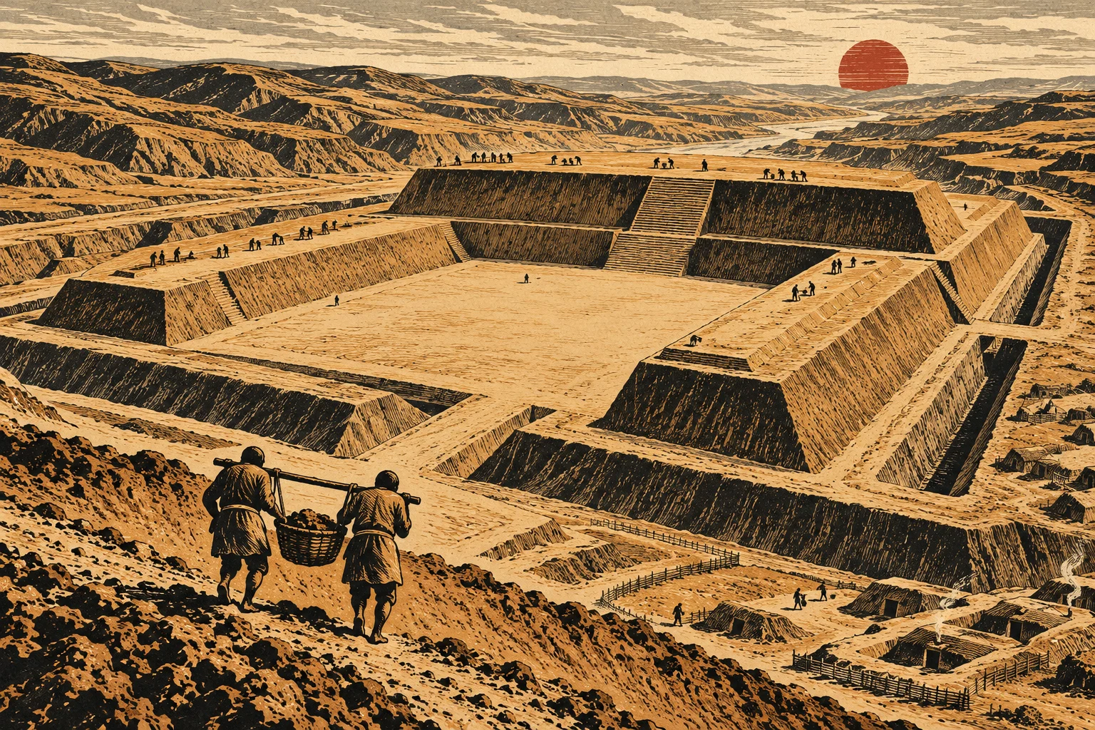 Two workers carry a basket toward a vast terraced earthwork, where scattered laborers work amid desert hills beneath a red sun.