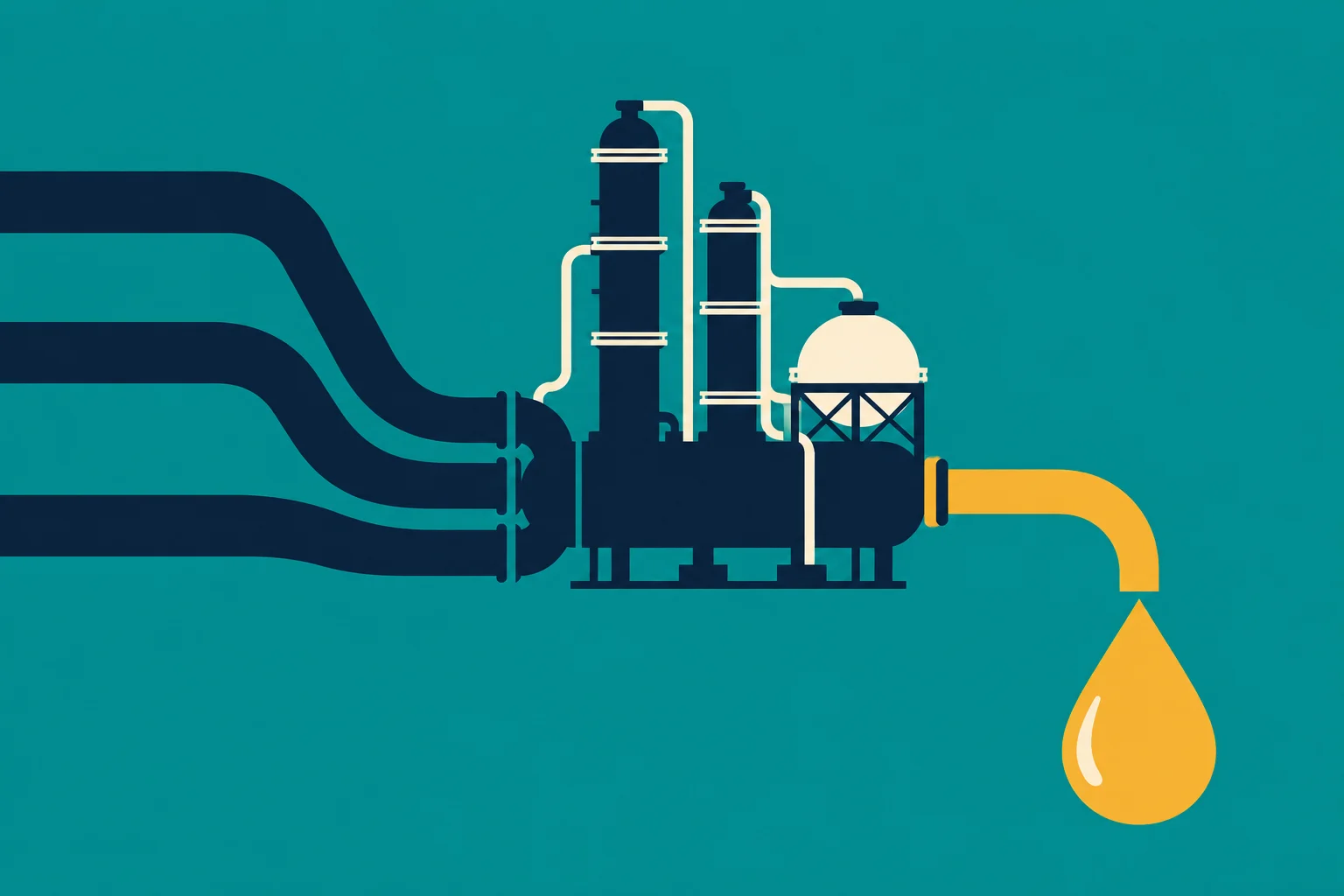 Three dark pipes feed an industrial processing apparatus, with a yellow outlet pipe releasing a large golden droplet against a teal background.