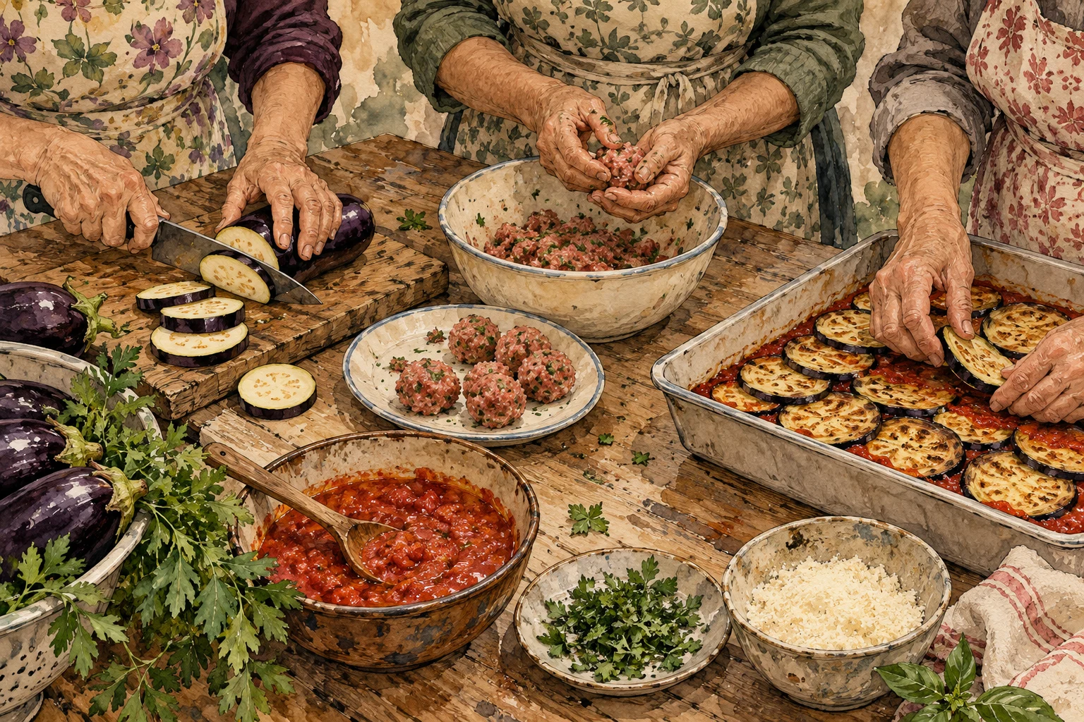 Three people prepare eggplant and meatballs at a rustic wooden table with tomato sauce, herbs, grated cheese, and a baking tray.