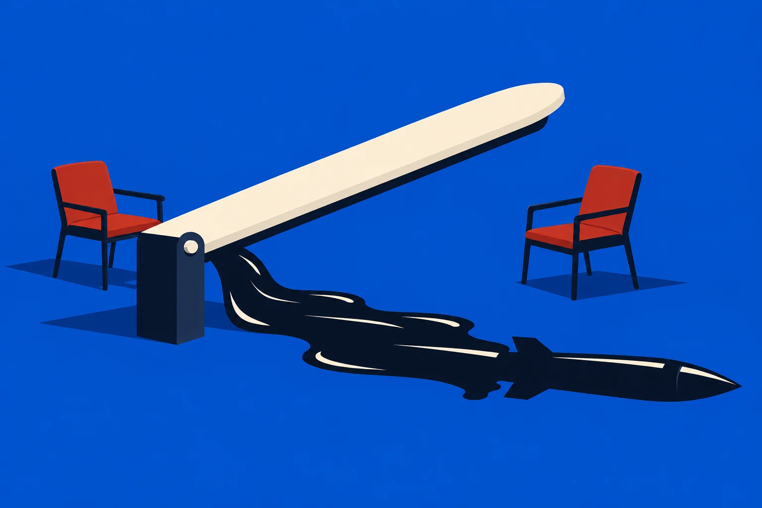 Two red chairs flank a tilted cream seesaw on a blue background, with black liquid flowing beneath it into the shape of a missile.