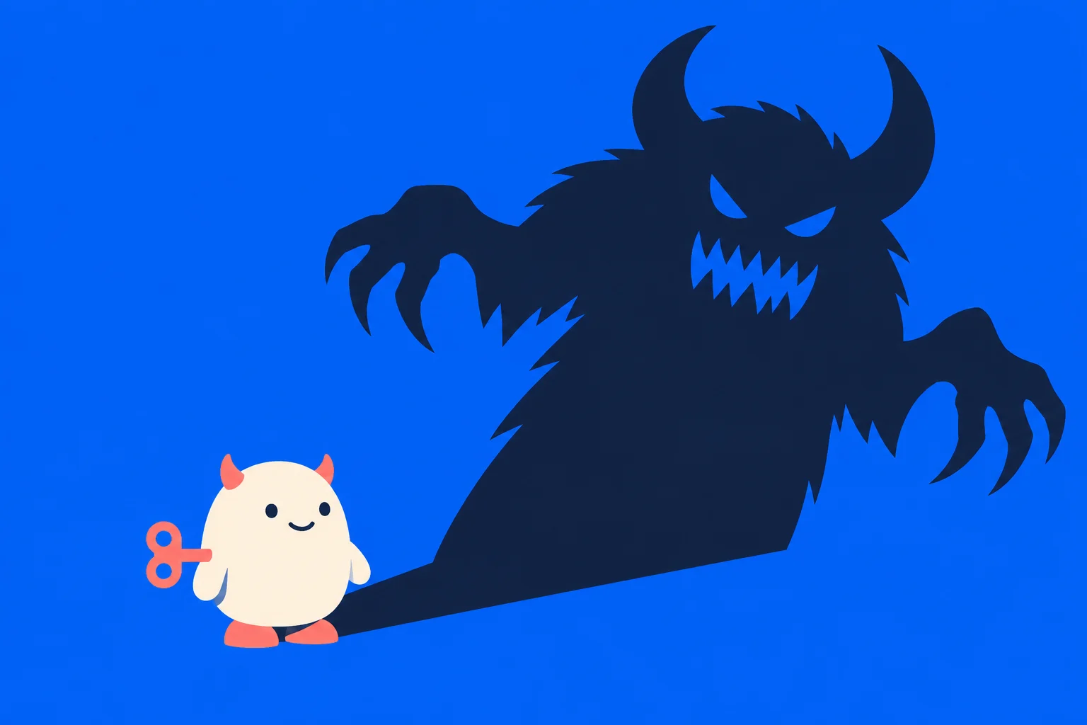 A small smiling cream-colored wind-up creature with coral horns casts a huge dark shadow shaped like a menacing horned monster against a bright blue background.