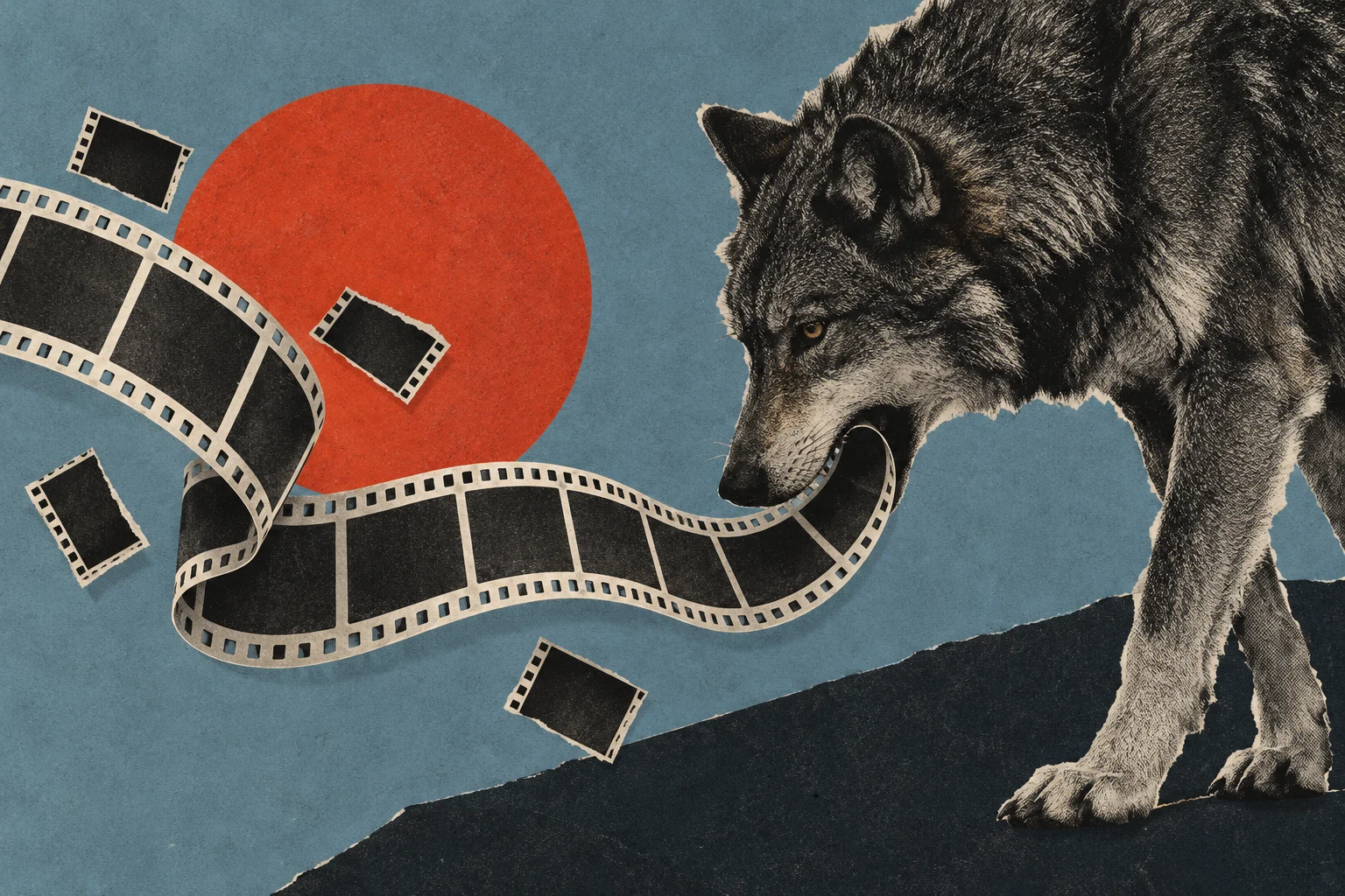 A vintage-style collage shows a wolf biting a curling filmstrip against a textured blue background with an orange circle and scattered film frames.