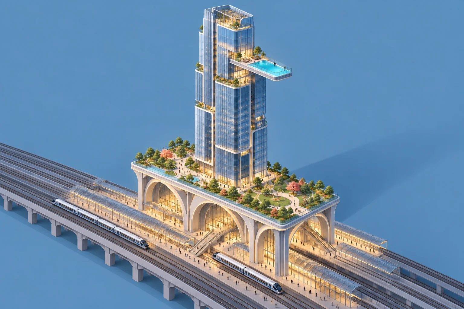 A glass skyscraper with a cantilevered swimming pool rises above a landscaped rooftop garden and an elevated railway station with arched halls and sleek trains.