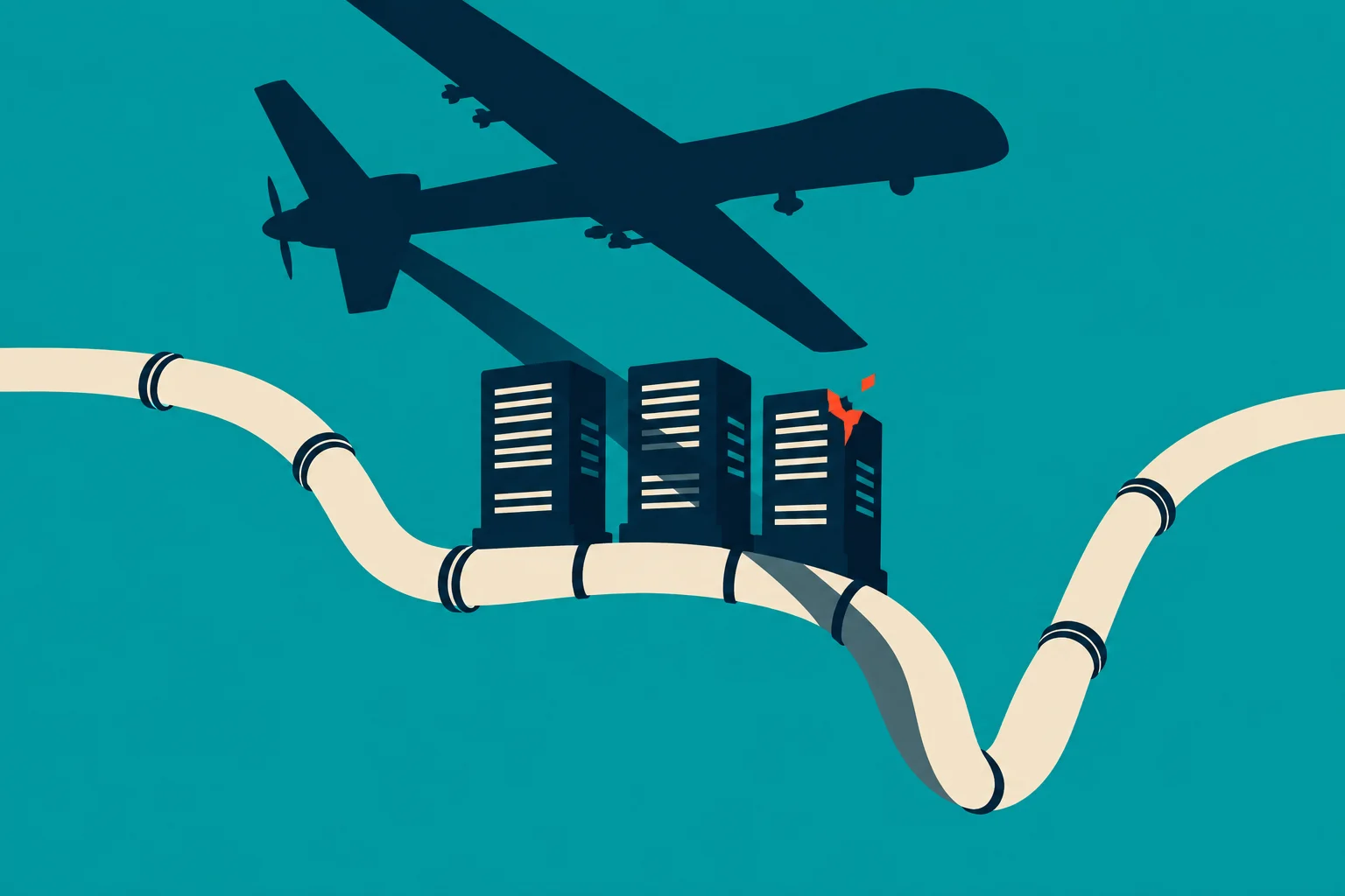 A dark drone flies above three server towers on a winding cream cable against a teal background, with orange damage on one tower.