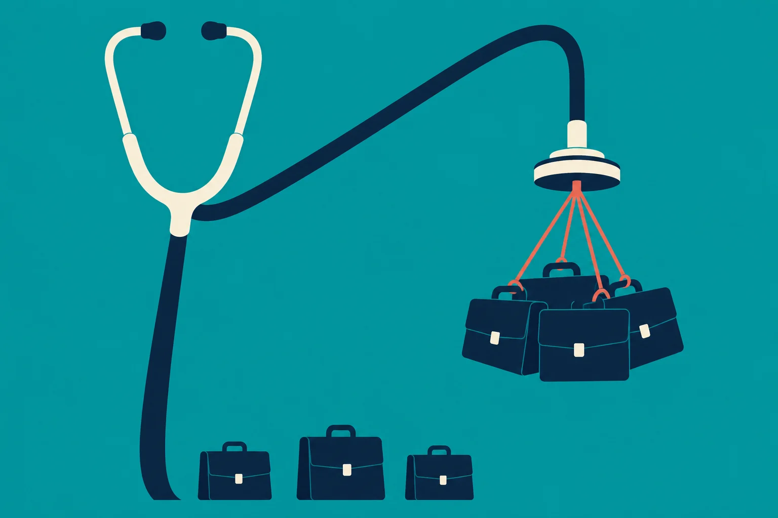 A stethoscope lifts several briefcases with red cords against a teal background, while three more briefcases sit below.