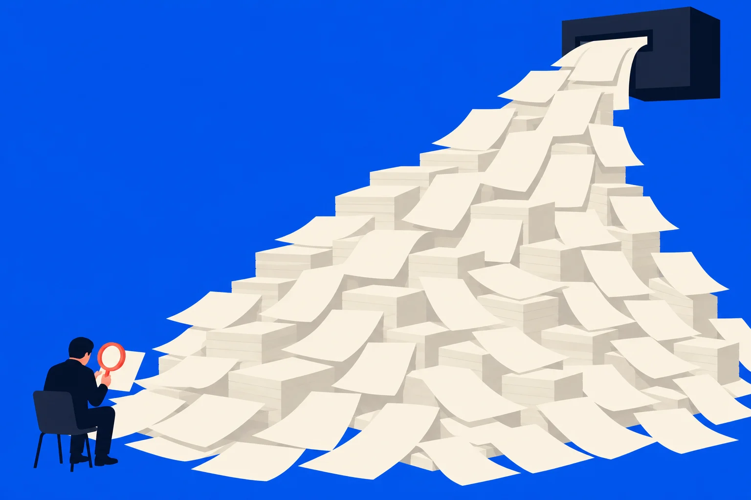 A seated person examines a sheet with a magnifying glass beside a towering pile of papers spilling from a printer against a blue background.