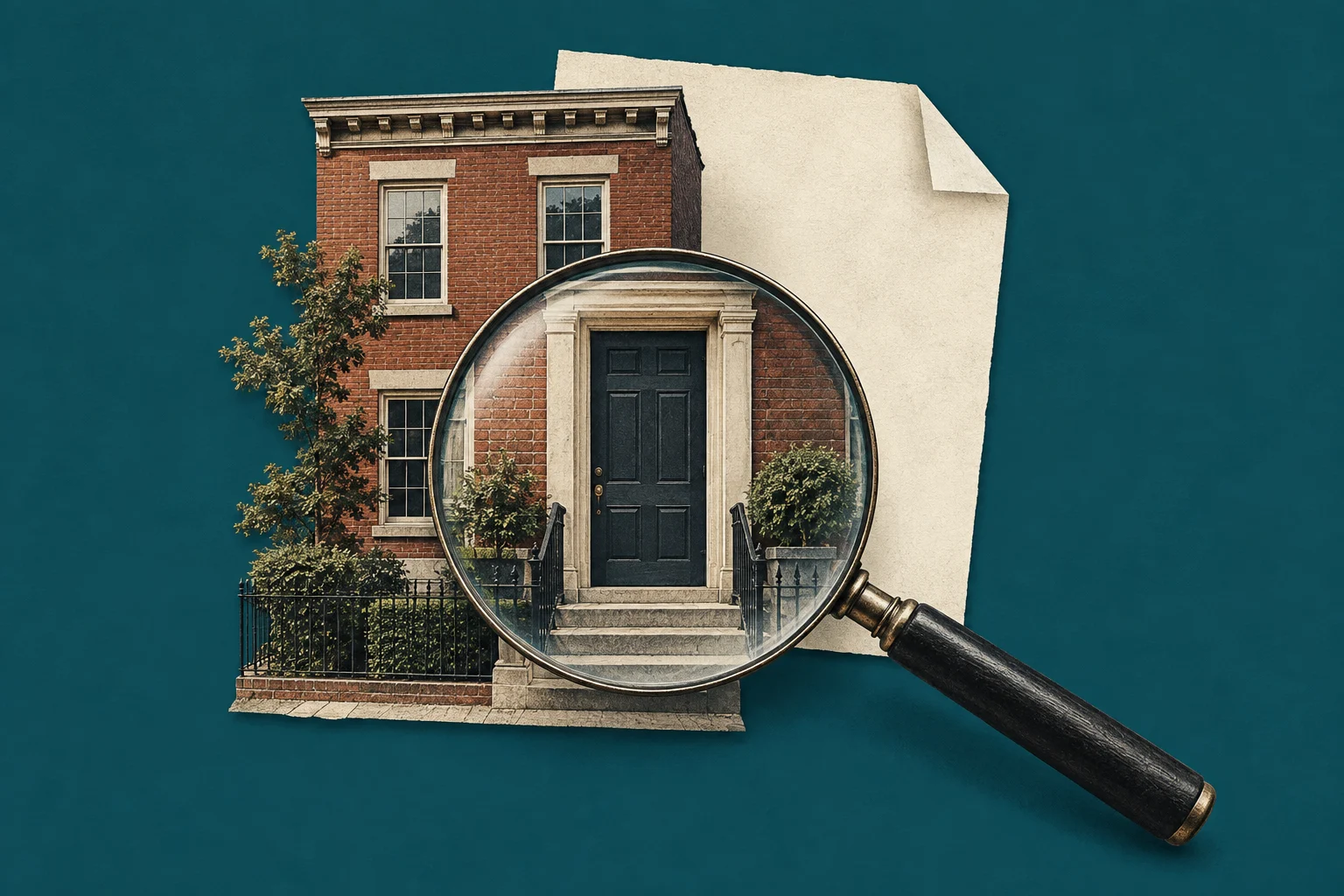 A magnifying glass enlarges the front door of a brick townhouse, with a blank sheet of paper behind it against a teal background.