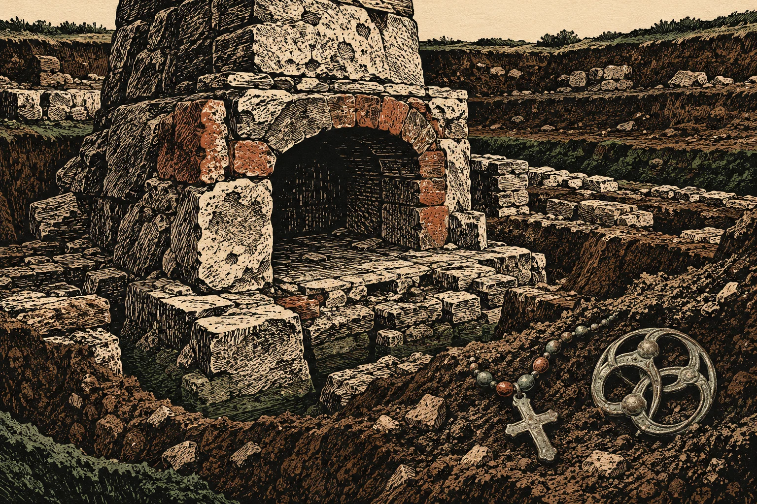 An illustration shows excavated stone ruins with an arched opening, a beaded necklace with a cross, and a circular metal ornament in the foreground.