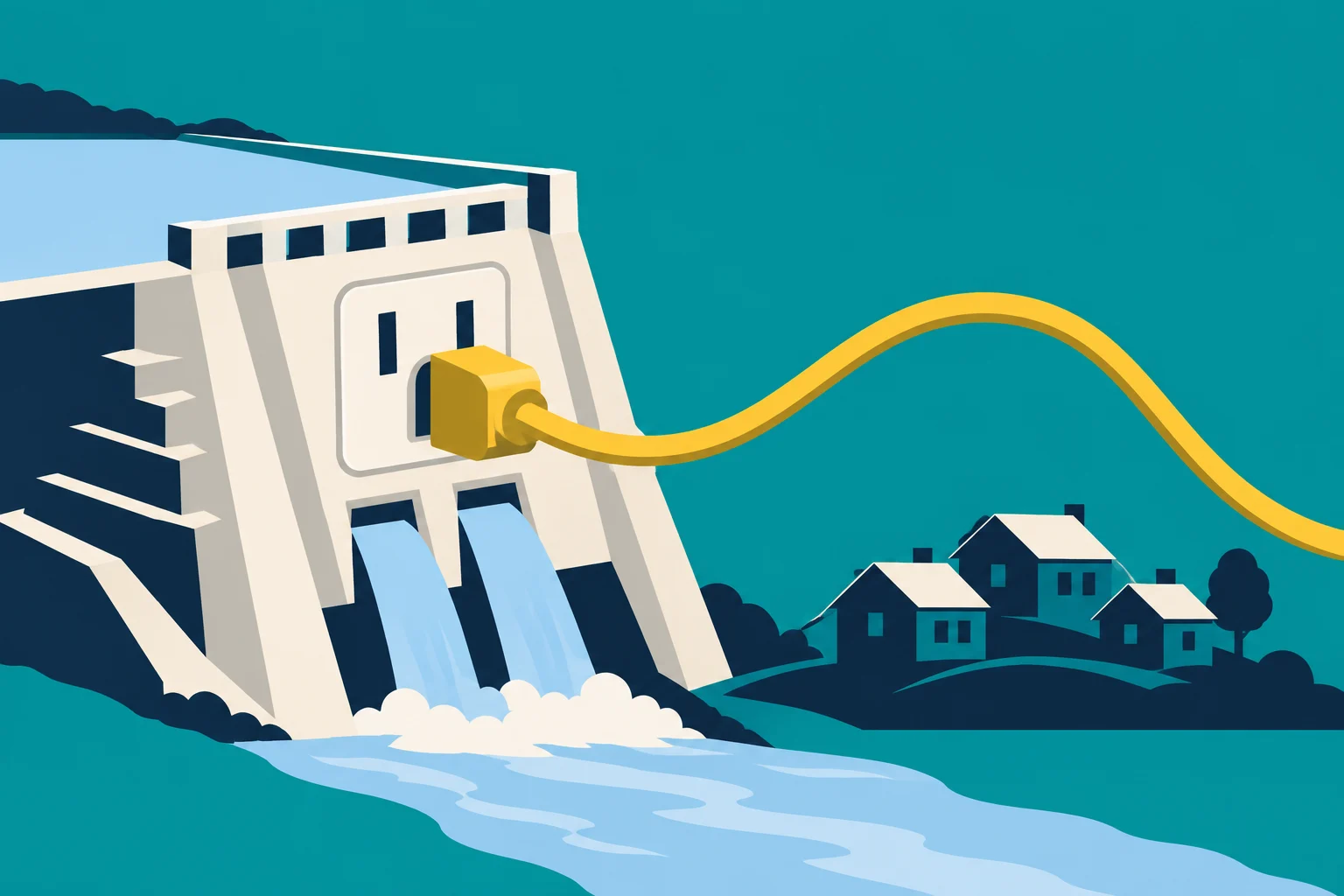 A hydroelectric dam shaped like an electrical outlet has a yellow cable plugged into it, with flowing water and nearby houses against a teal background.