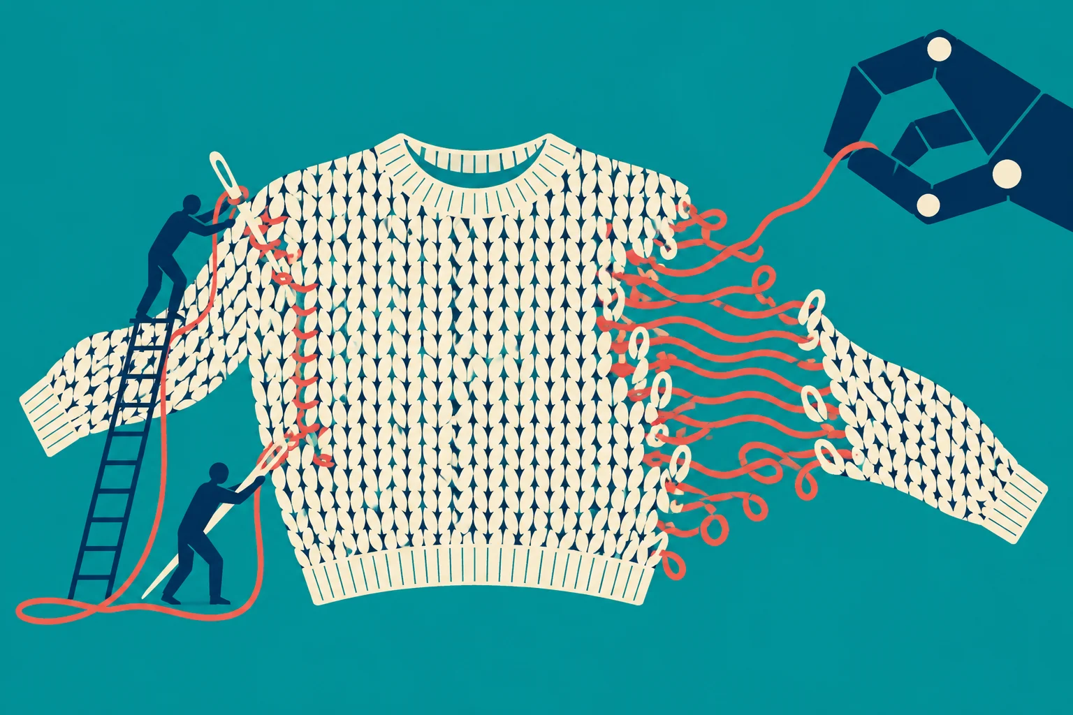 Two small figures use oversized needles and red yarn to mend a cream knitted sweater, while a large robotic hand pulls threads from its detached sleeve.