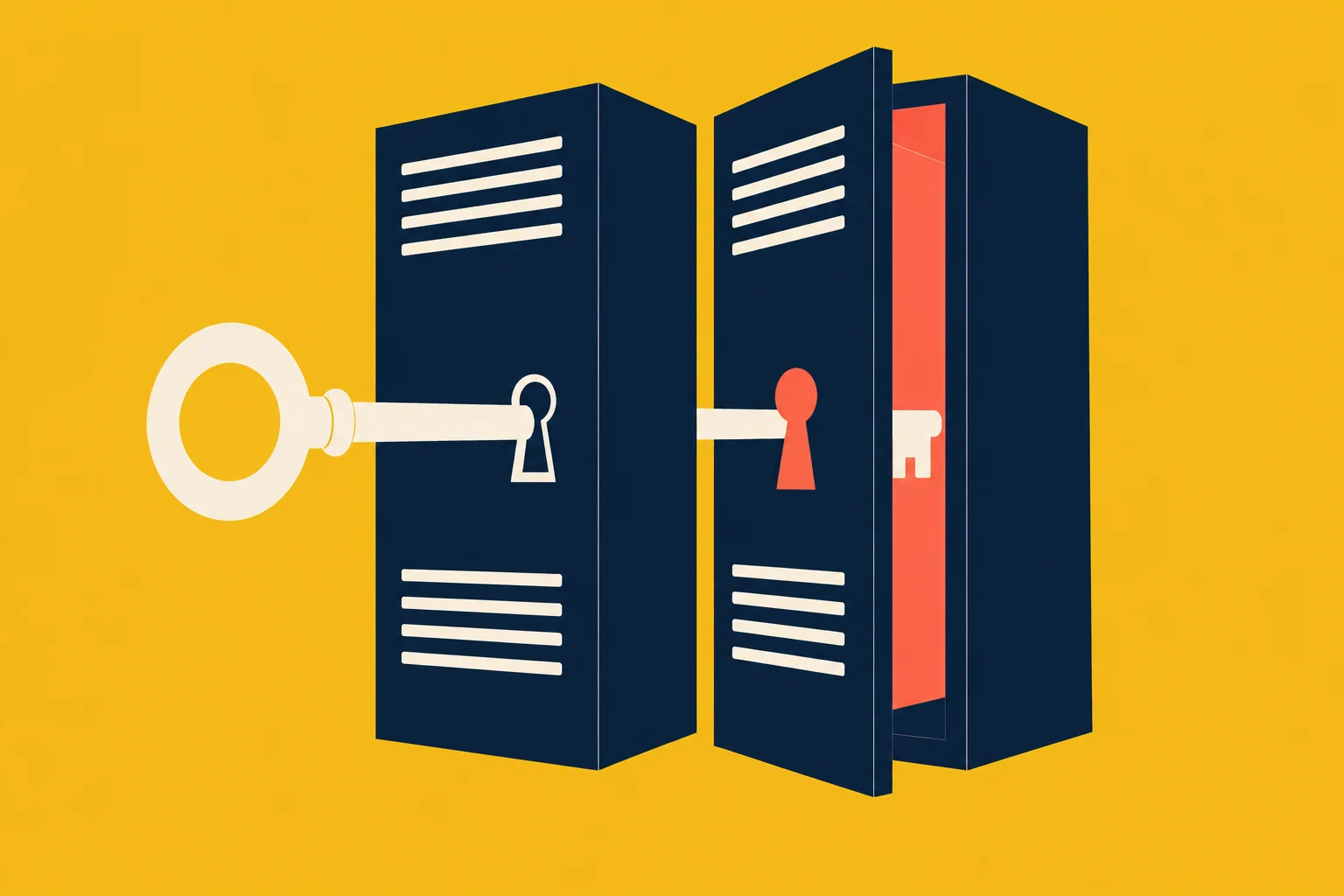 A large cream key passes through two dark blue server cabinets, with one cabinet door open to reveal a coral interior against a yellow background.