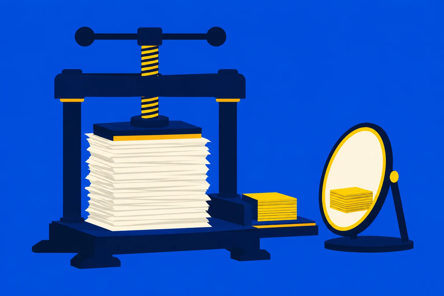 A dark blue screw press compresses a tall stack of cream sheets beside gold plates and an oval mirror reflecting them, against a bright blue background.
