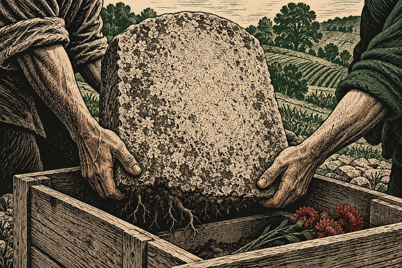 Two people lower a large, weathered stone with dangling roots into a wooden box beside red flowers, with fields and trees behind them.