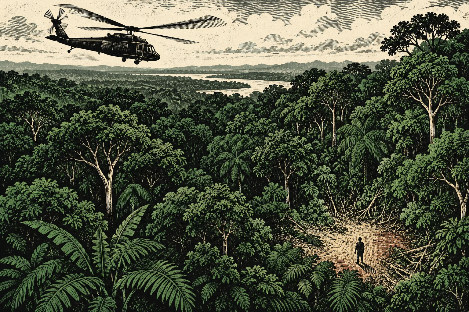 A helicopter flies above dense tropical rainforest while a lone person stands in a clearing amid fallen trees, with a river winding through distant hills.