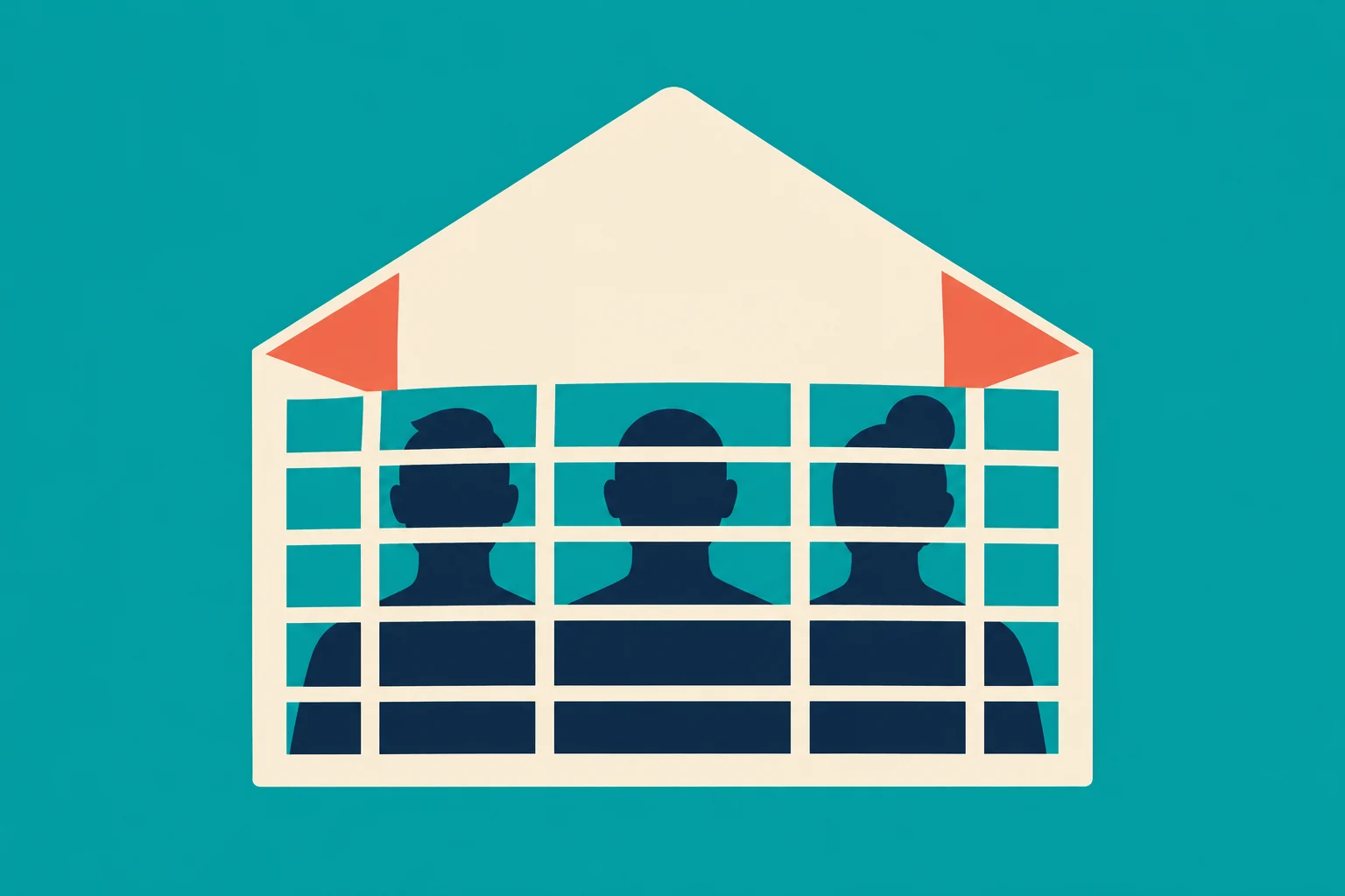 Three dark human silhouettes stand behind a cream-colored grid within a house-shaped frame with red corner flags against a teal background.