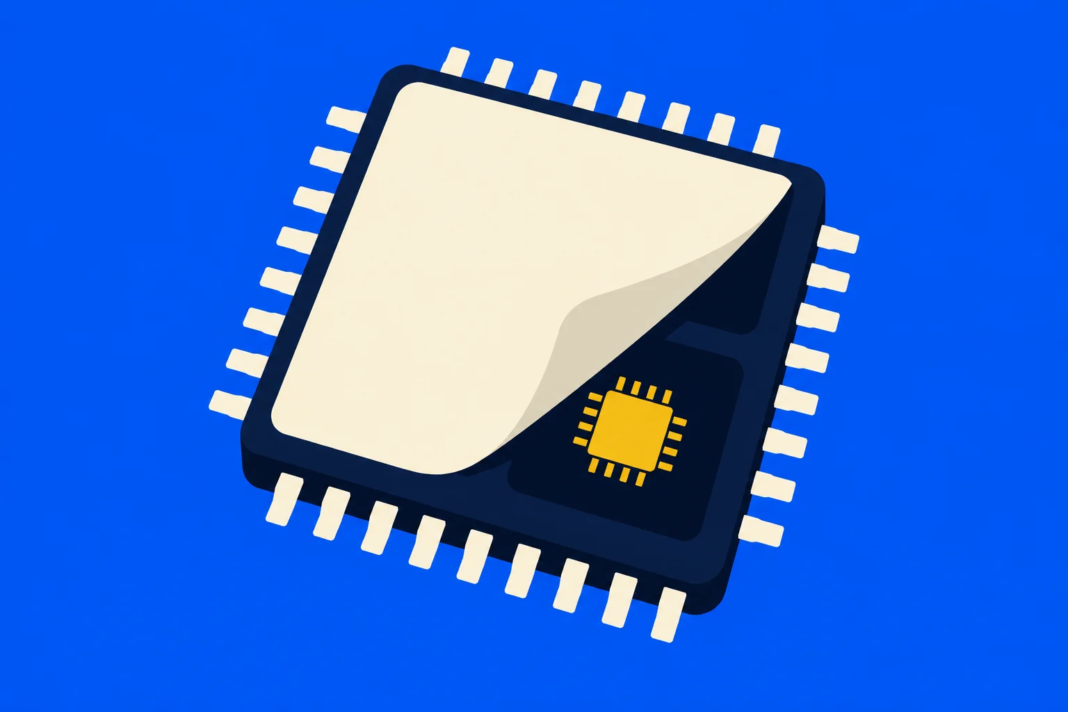 A dark microchip with cream pins sits on a bright blue background, its cream cover peeling back to reveal a smaller gold chip.