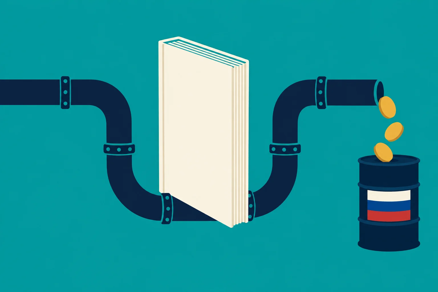 A dark blue pipeline passes behind a blank book and drops gold coins into an oil barrel marked with the Russian flag against a teal background.