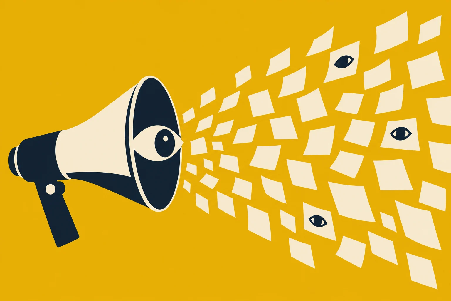 A navy and cream megaphone with an eye broadcasts scattered cream sheets, some bearing eyes, across a yellow background.