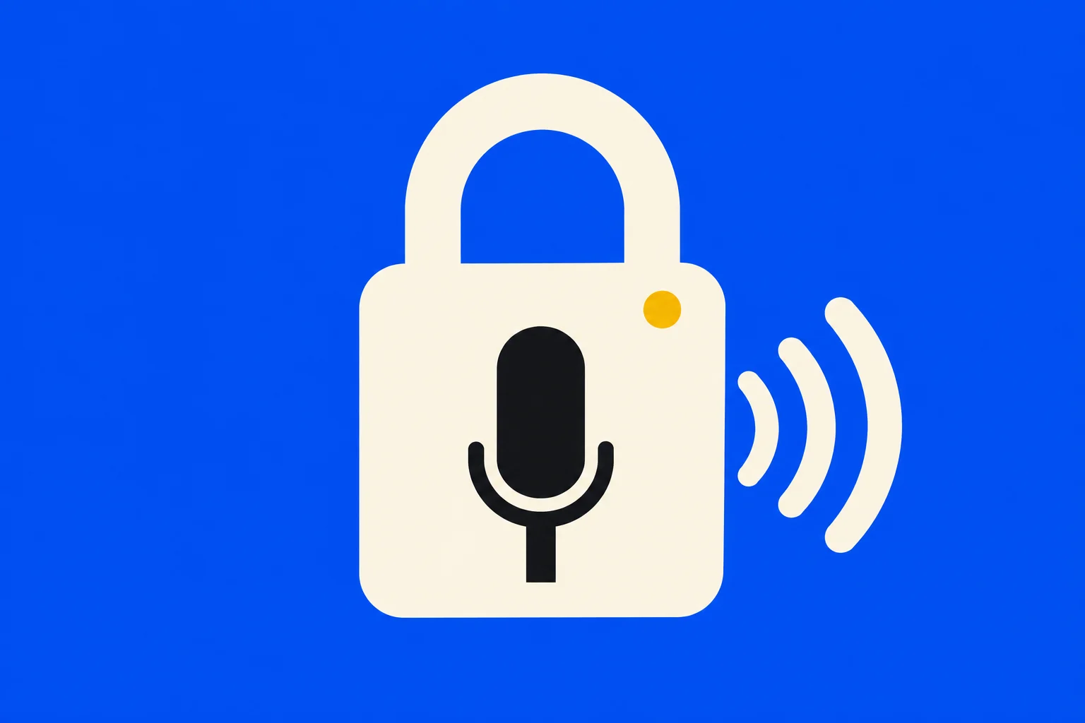 A cream padlock with a black microphone symbol and yellow indicator sits on a blue background, with three curved sound waves to its right.