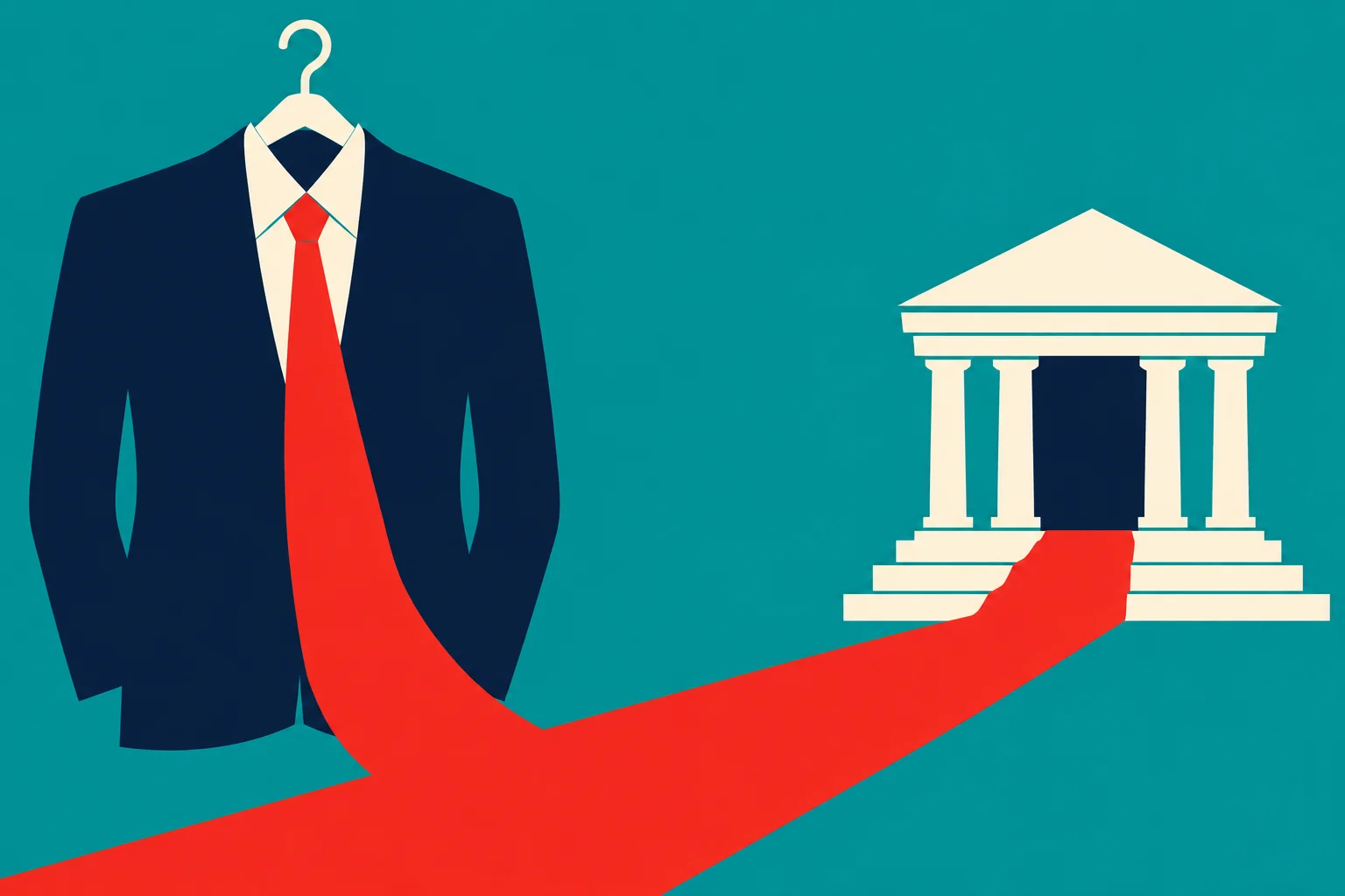 A navy suit on a hanger has a long red tie that becomes a carpet leading to a cream-colored classical government building against a teal background.
