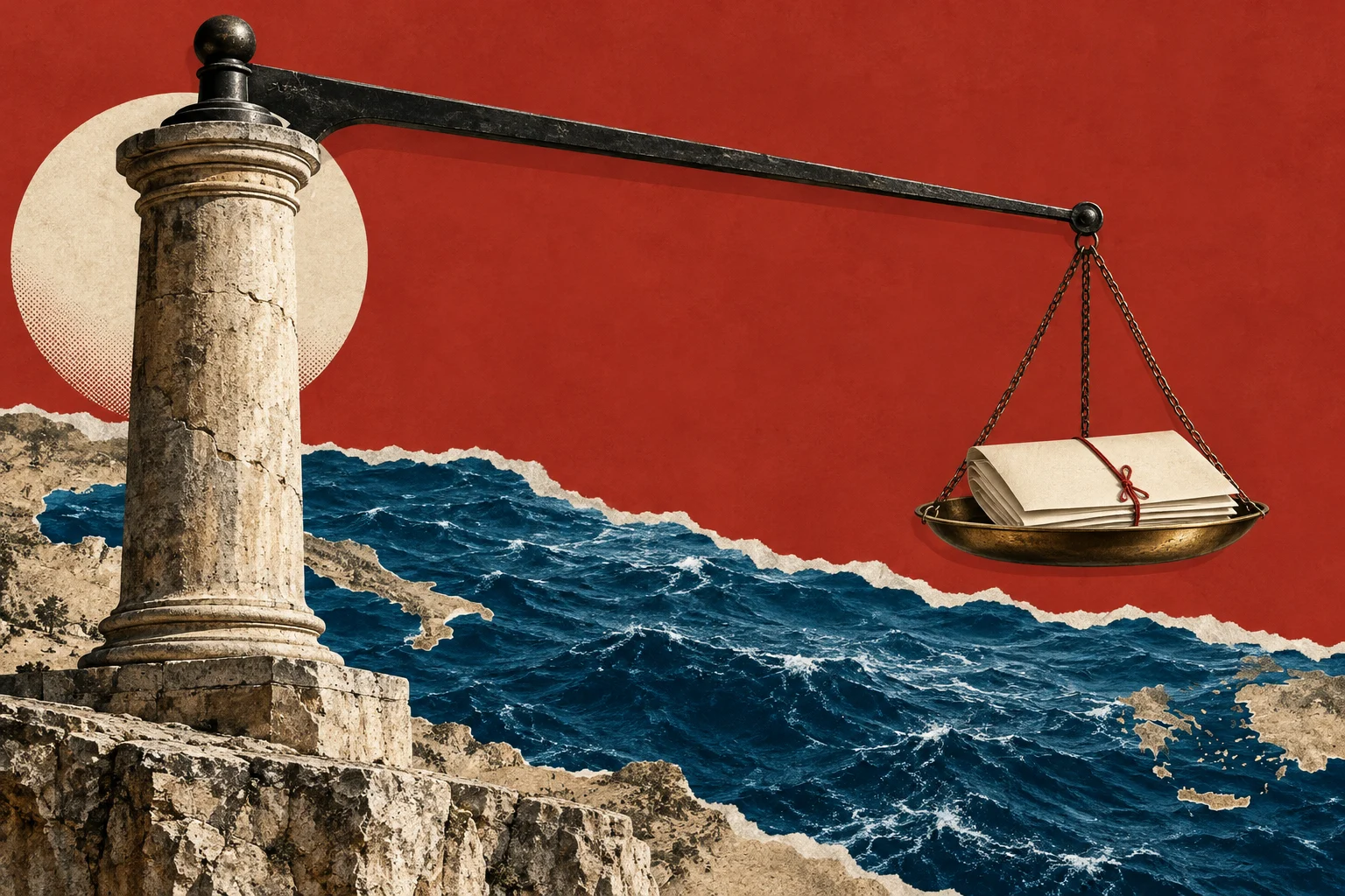 A stone column supports a long balance arm holding tied papers above a stormy Mediterranean Sea collage against a red background.