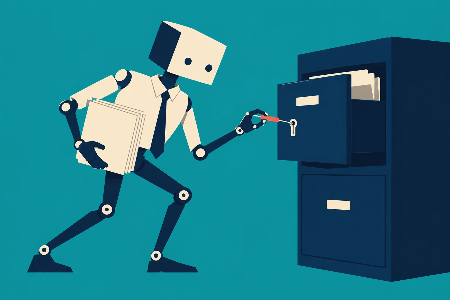 A robot wearing a tie holds papers while using a screwdriver on the lock of an open filing cabinet against a teal background.