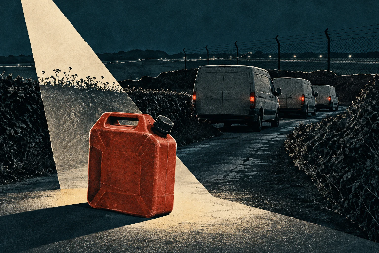 A red fuel can stands in a spotlight beside a dark rural road where three white vans drive alongside a barbed-wire fence.