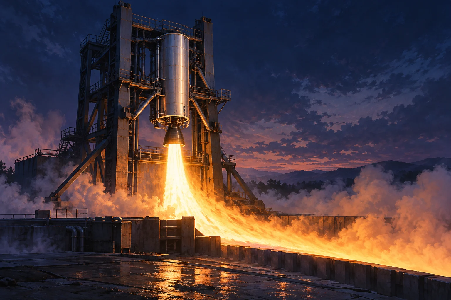 A rocket engine fires on a towering industrial test stand at dusk, sending bright orange exhaust along a concrete channel amid billowing steam.