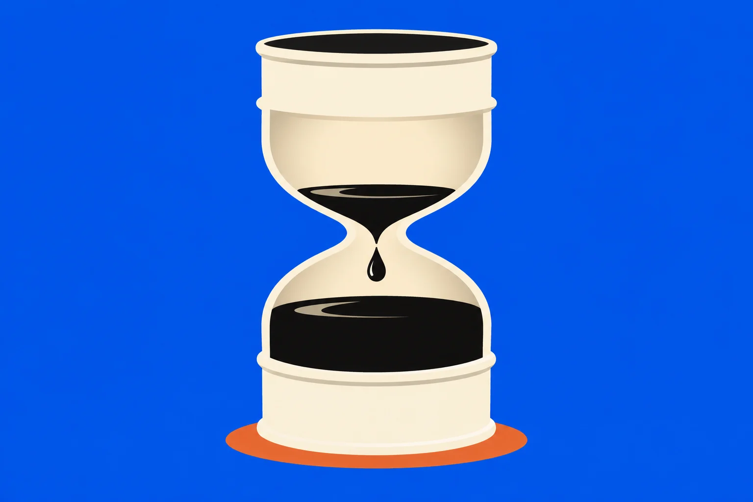 A cream-colored hourglass with black liquid dripping into its lower chamber stands on an orange base against a bright blue background.