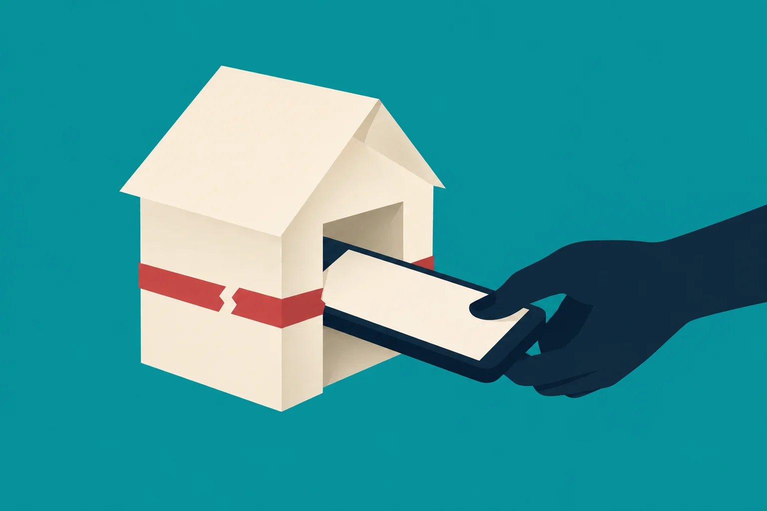 A dark blue hand inserts a smartphone into a cream-colored house with a broken red band around it against a teal background.