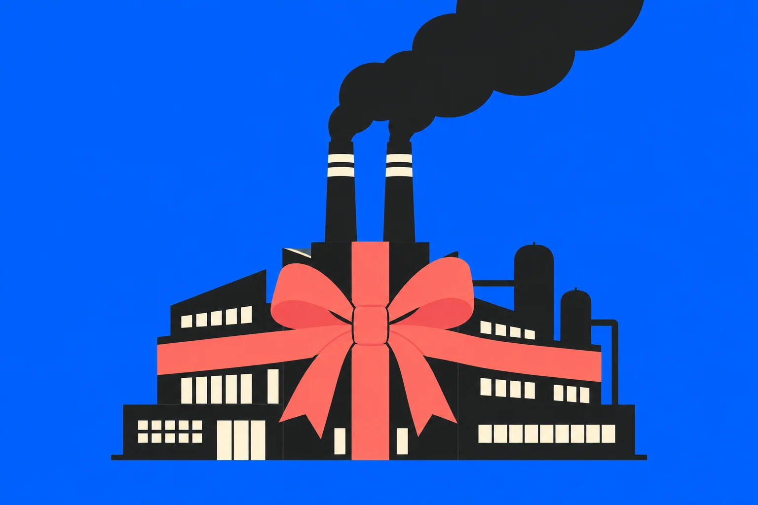 A black factory with smokestacks emitting dark smoke is wrapped in a large coral ribbon and bow against a bright blue background.