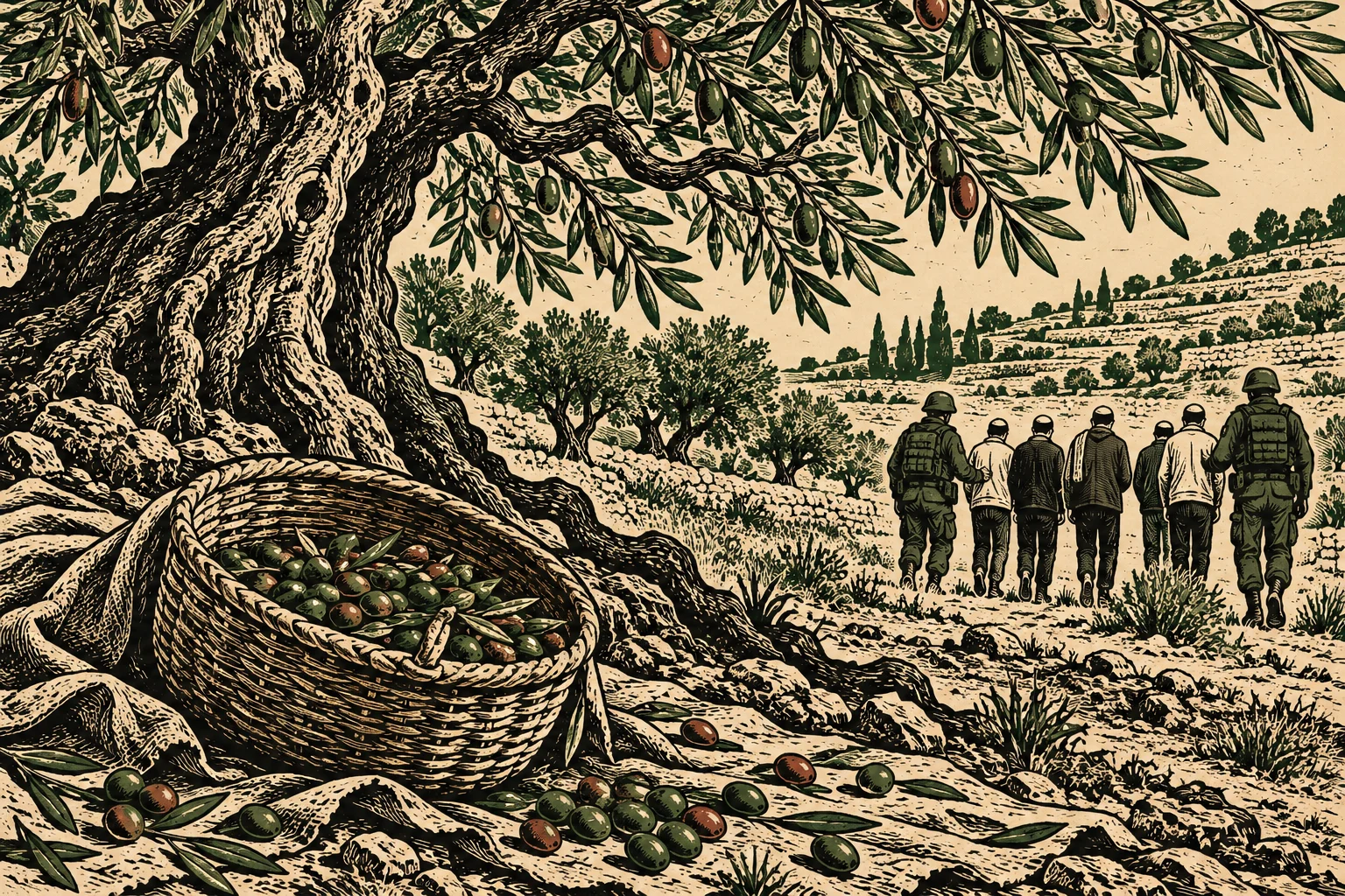 A woodcut-style illustration shows a basket of olives beneath a large olive tree, with soldiers escorting civilians through a rocky, terraced olive grove.