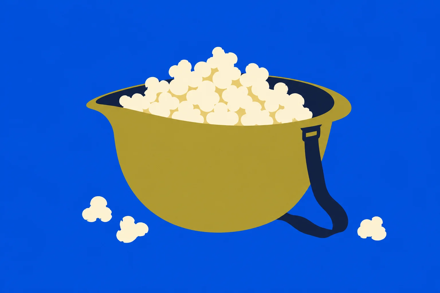 A gold bowl filled with popcorn has a dark blue strap hanging from its rim, with three spilled popcorn pieces against a bright blue background.