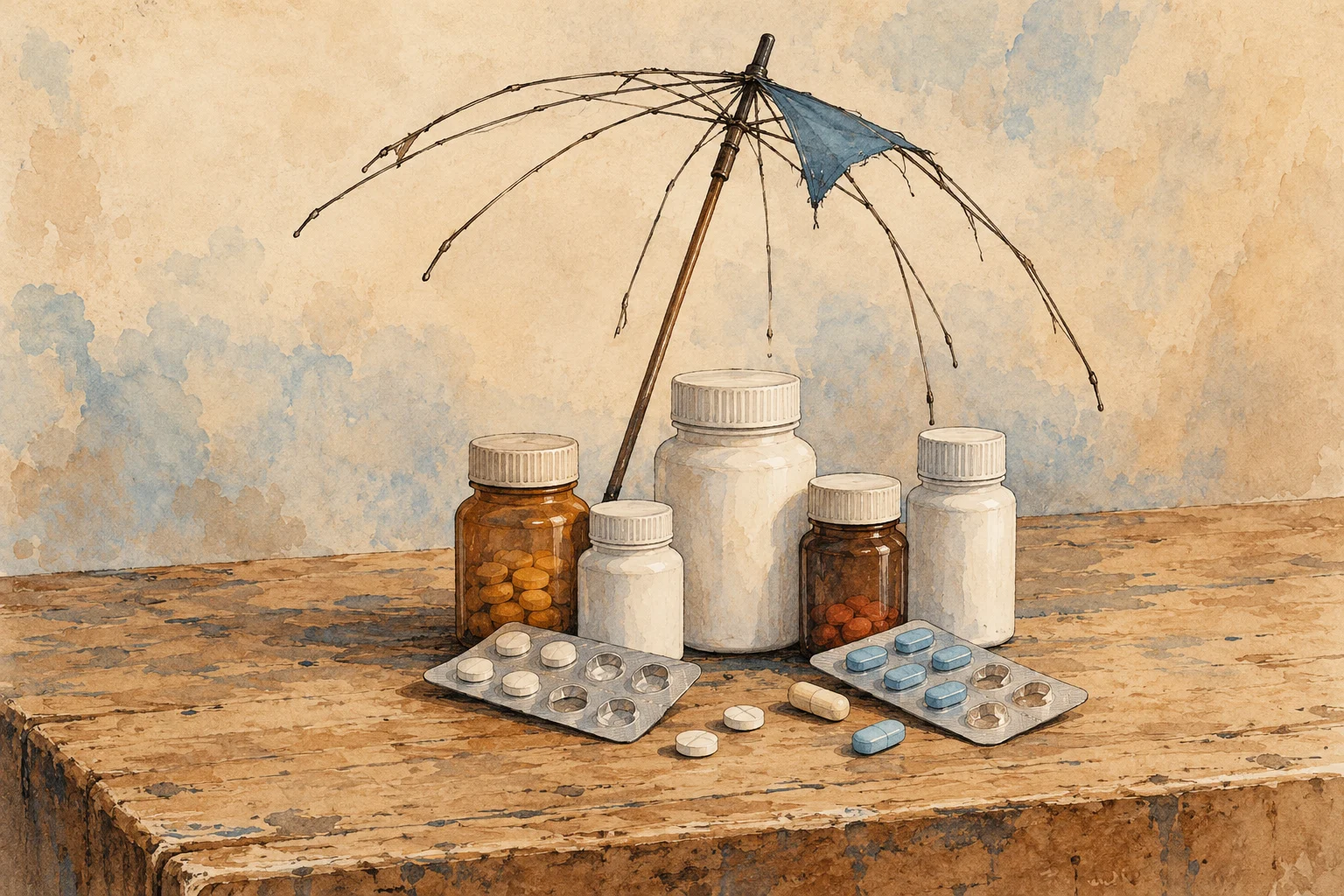 Medicine bottles, blister packs, and loose pills sit on a weathered wooden table beneath a broken umbrella with mostly exposed ribs.