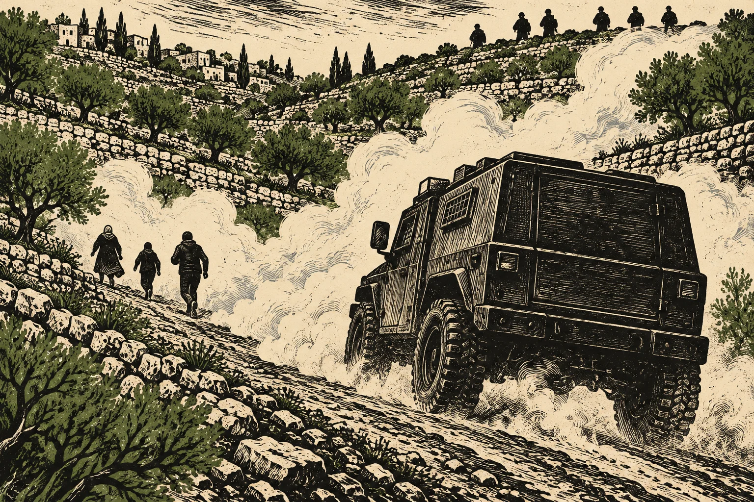 An armored vehicle raises clouds of dust on a rocky road through terraced olive groves, with three people ahead and armed figures silhouetted along the ridge.