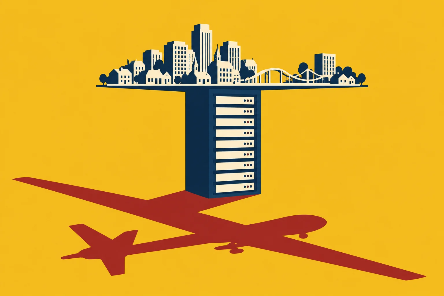 A city skyline rests atop a server rack against a yellow background, with a large red airplane shadow stretching across the ground.