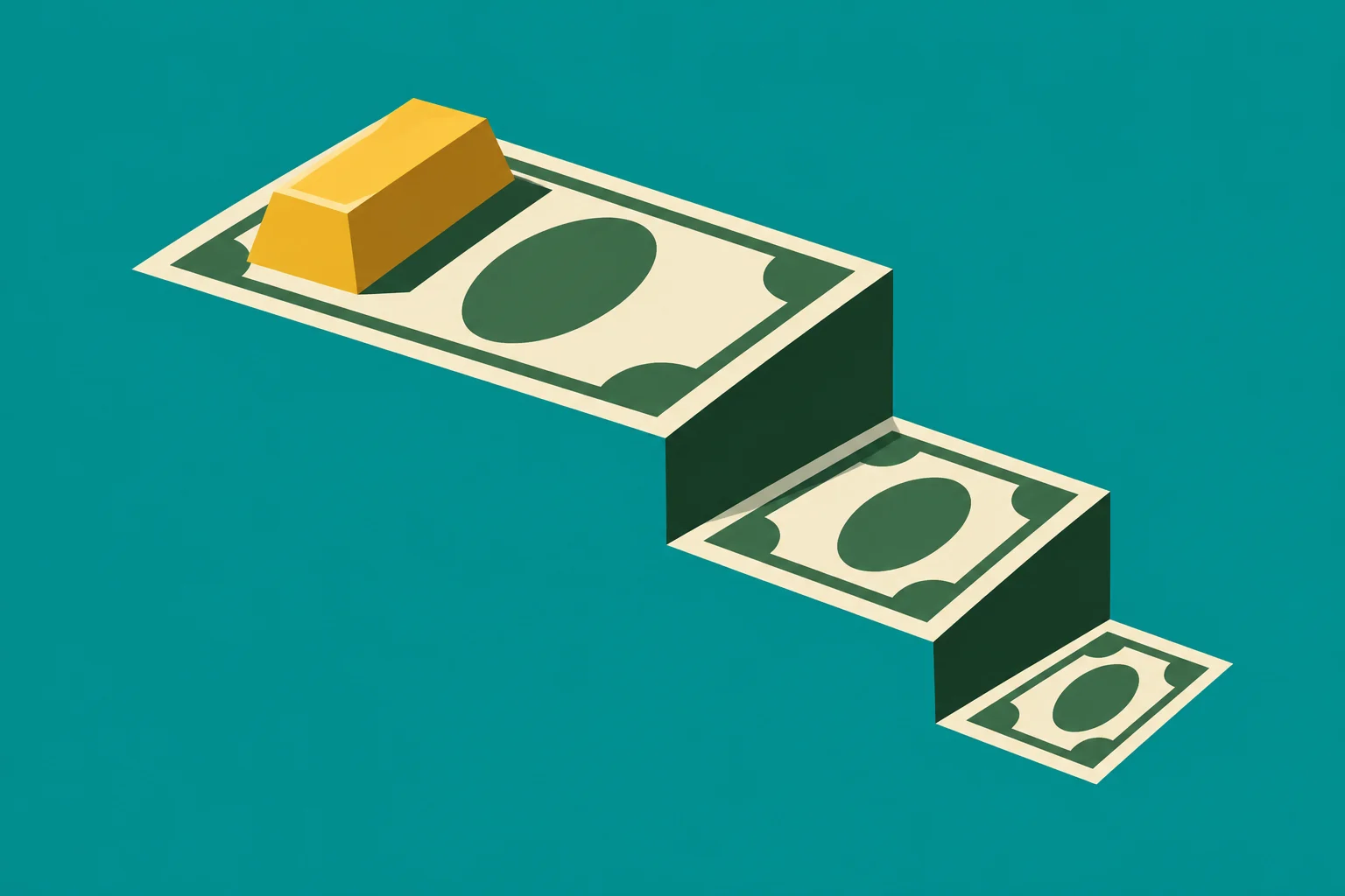 A gold bar rests on the largest of three descending banknotes arranged as steps against a teal background.