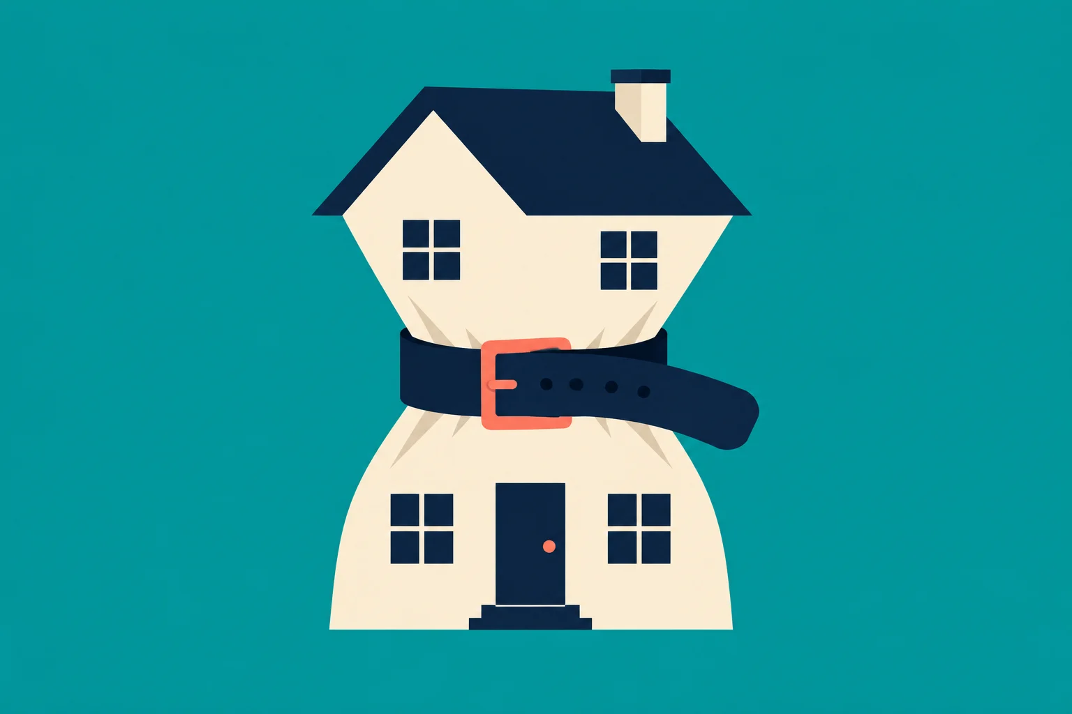 A cream-colored house is squeezed around its middle by a navy belt with a coral buckle against a teal background.