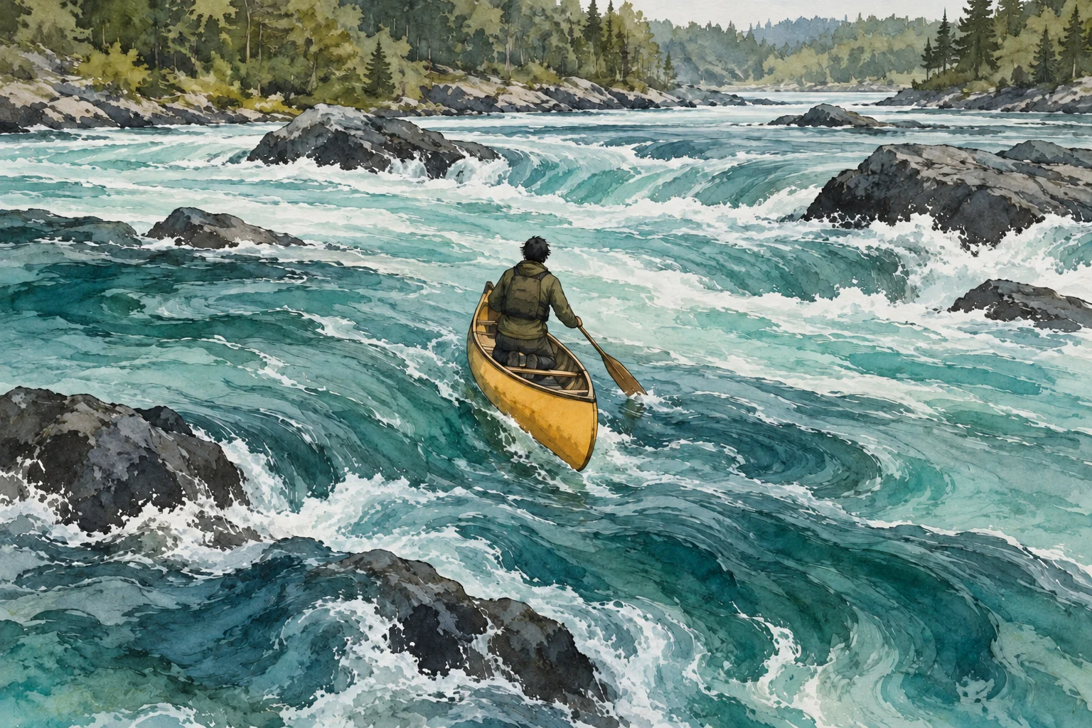 A watercolor scene shows a lone paddler in a yellow canoe navigating turbulent turquoise river rapids among dark rocks and forested banks.