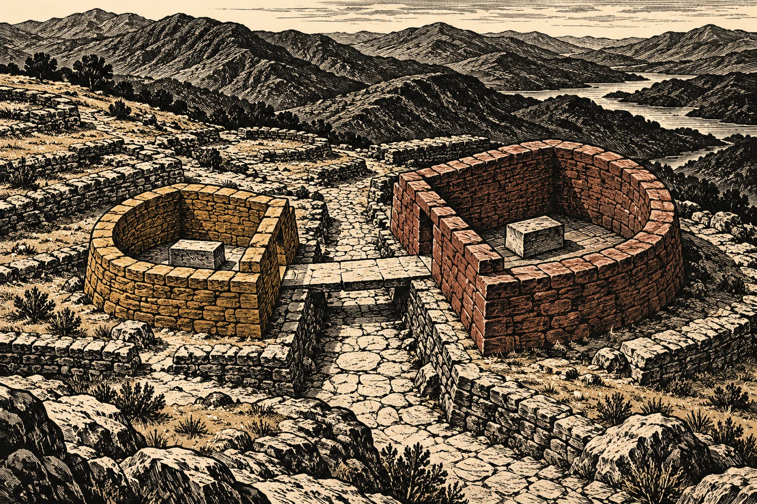 Two roofless stone enclosures, highlighted yellow and red, stand among ancient ruins overlooking rugged mountains and a winding body of water.