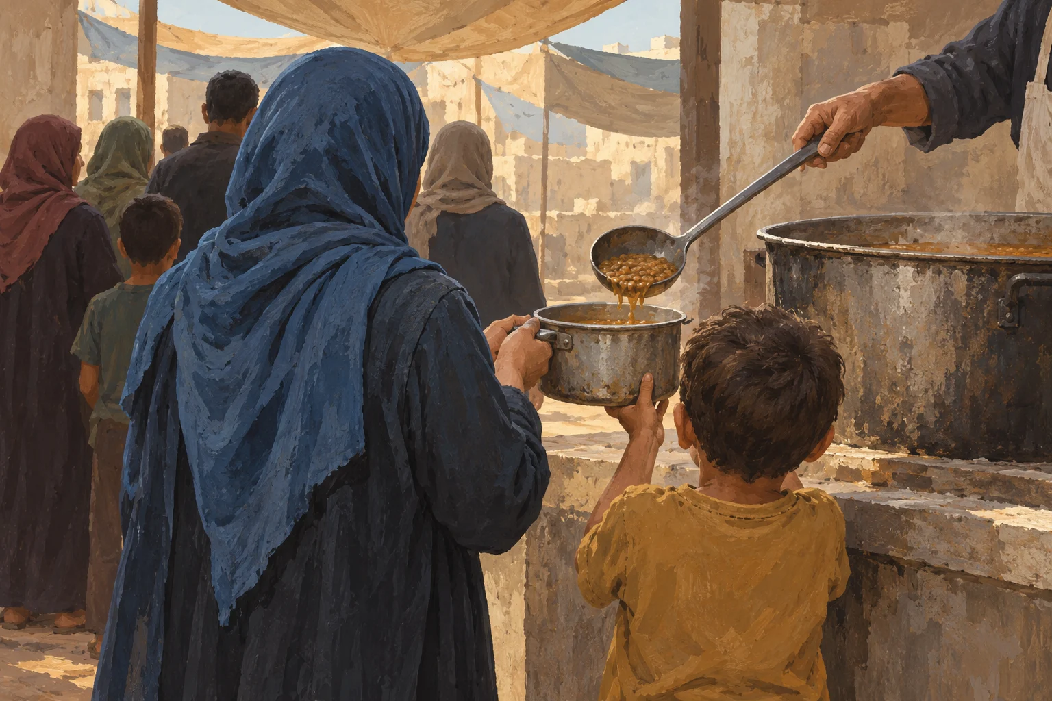 A woman in a blue headscarf and a child hold a pot as someone ladles beans into it at an outdoor food distribution line.