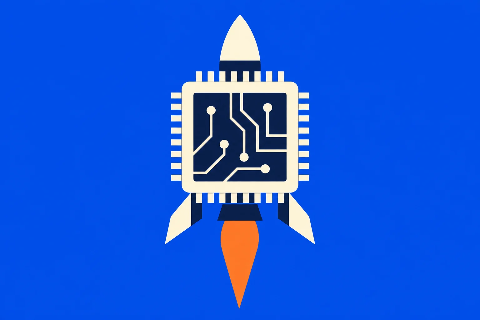 A stylized rocket shaped like a microchip has cream circuit traces, fins, and an orange flame against a bright blue background.