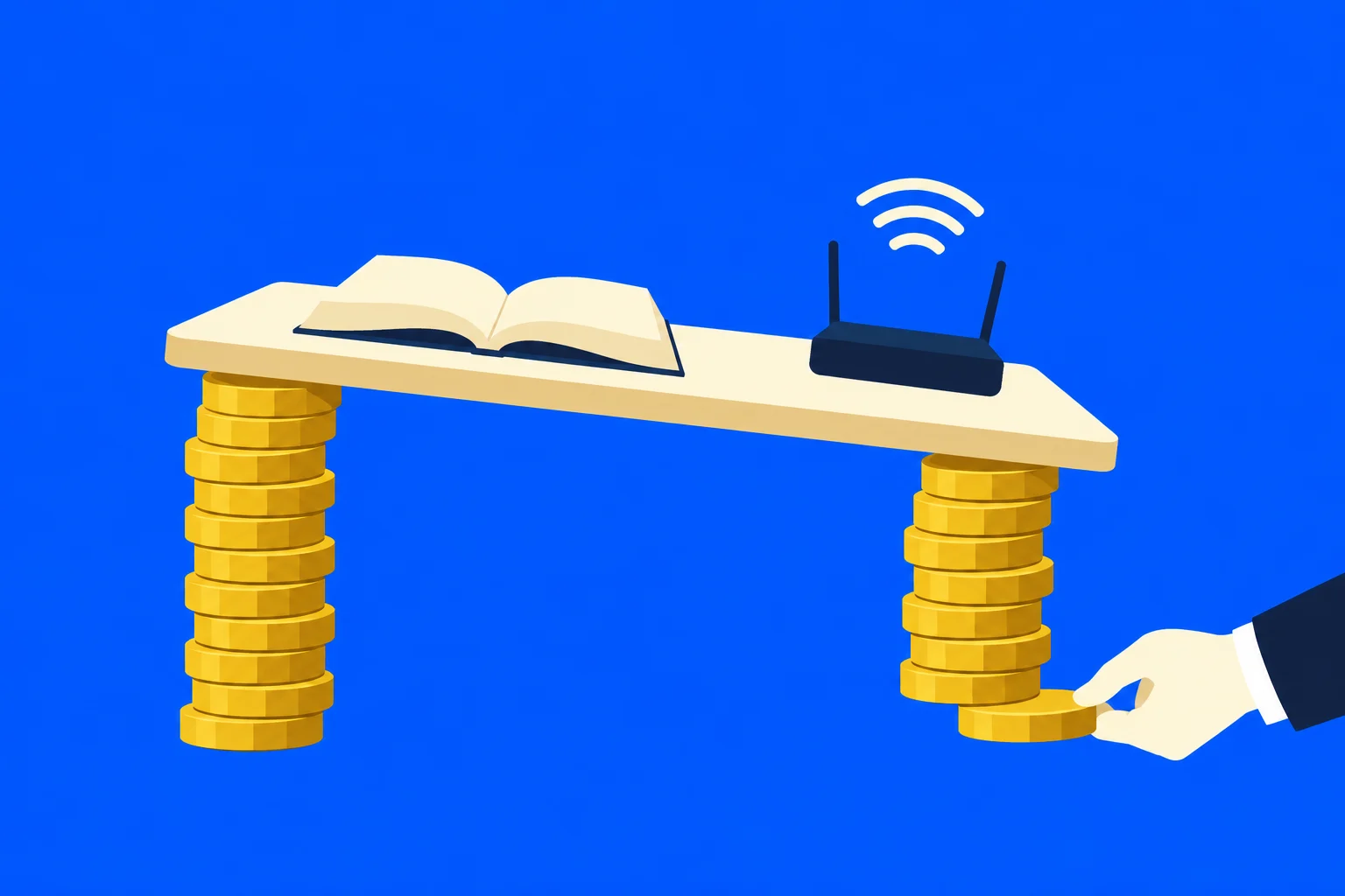 An open book and wireless router sit on a plank supported by gold coin stacks, while a hand removes a coin from one stack.