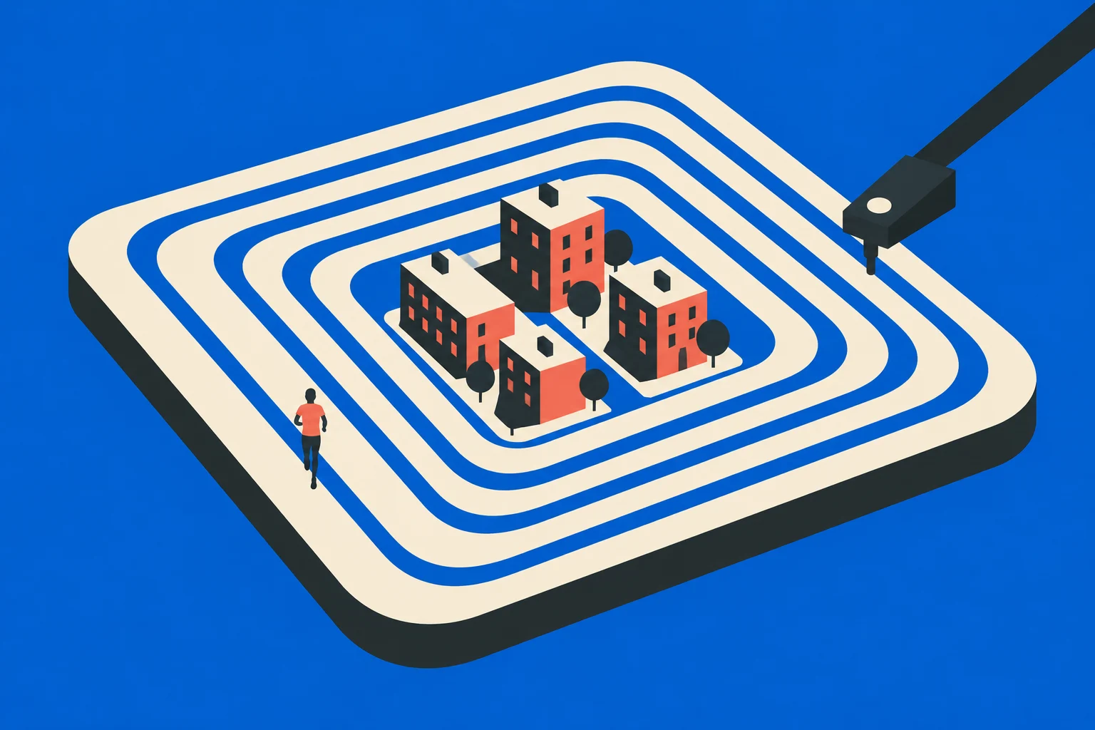 A stylus hovers over cream concentric paths surrounding miniature buildings and trees, while a person walks along an outer path against a blue background.