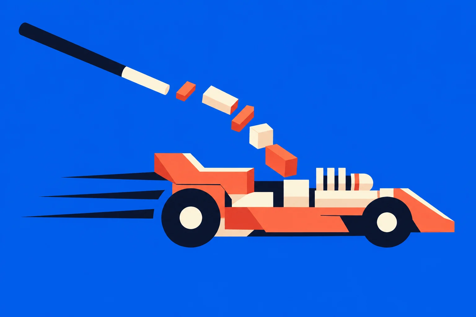 A stylized orange racing car with dark wheels speeds across a blue background beneath floating orange and cream blocks and a long black rod.