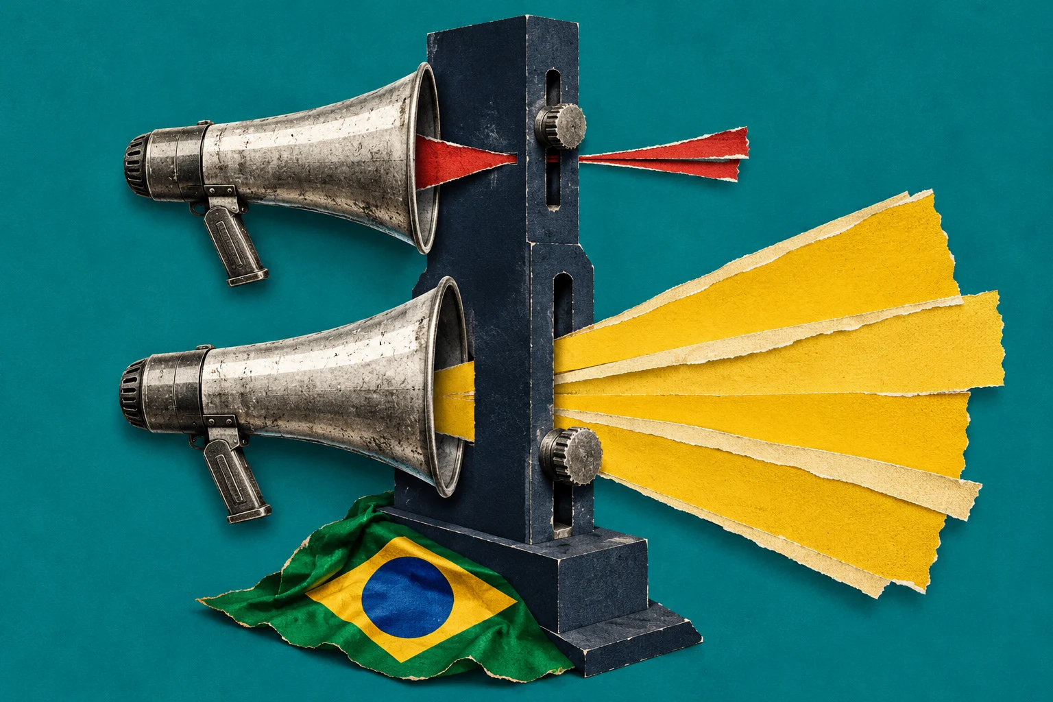 Two metal megaphones mounted on a dark stand emit narrow red and broad yellow paper beams, with a Brazilian flag draped at the base.