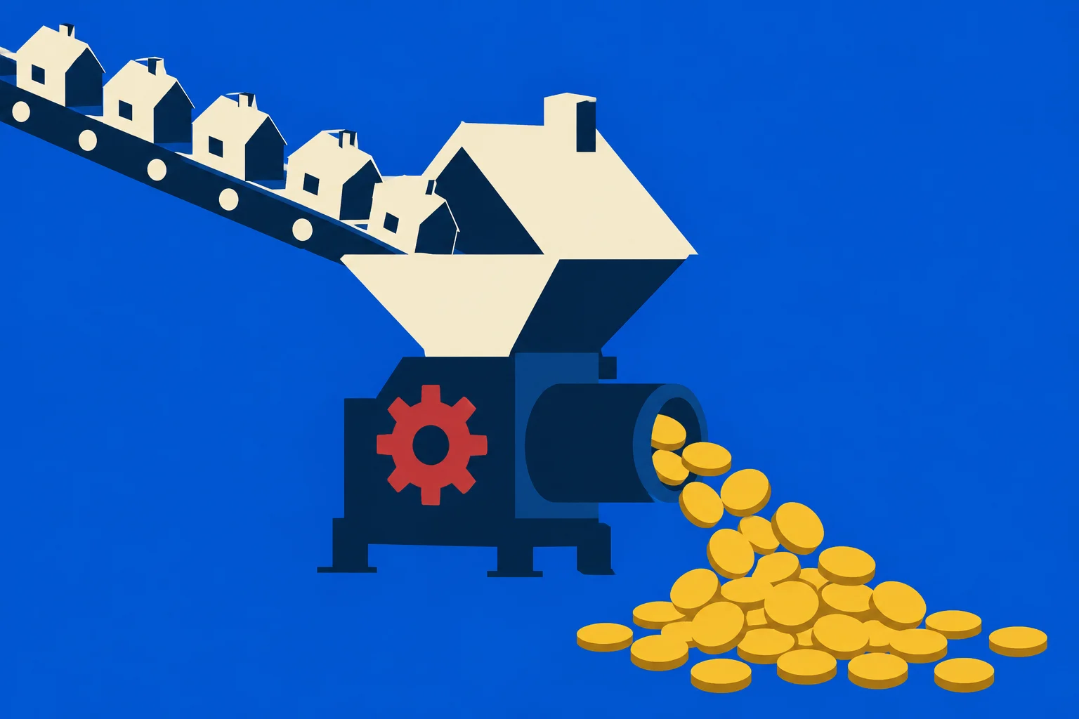 Small houses travel along a conveyor into a house-shaped machine with a red gear, which pours gold coins onto a pile against a blue background.