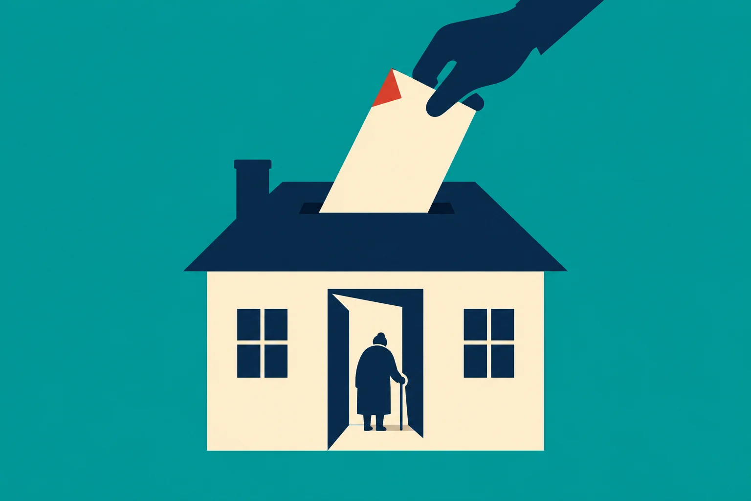 A large hand inserts a ballot into a slot in a house roof, while an elderly person with a cane stands in the open doorway.