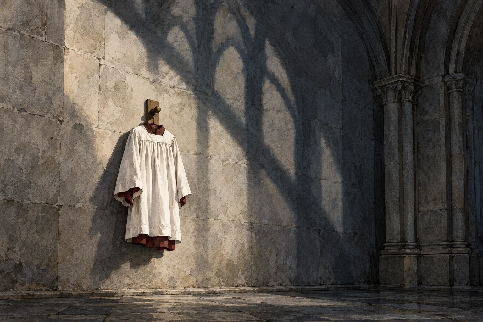 A white liturgical robe hangs on a wooden wall peg in a stone Gothic interior, illuminated by sunlight casting arched window shadows.