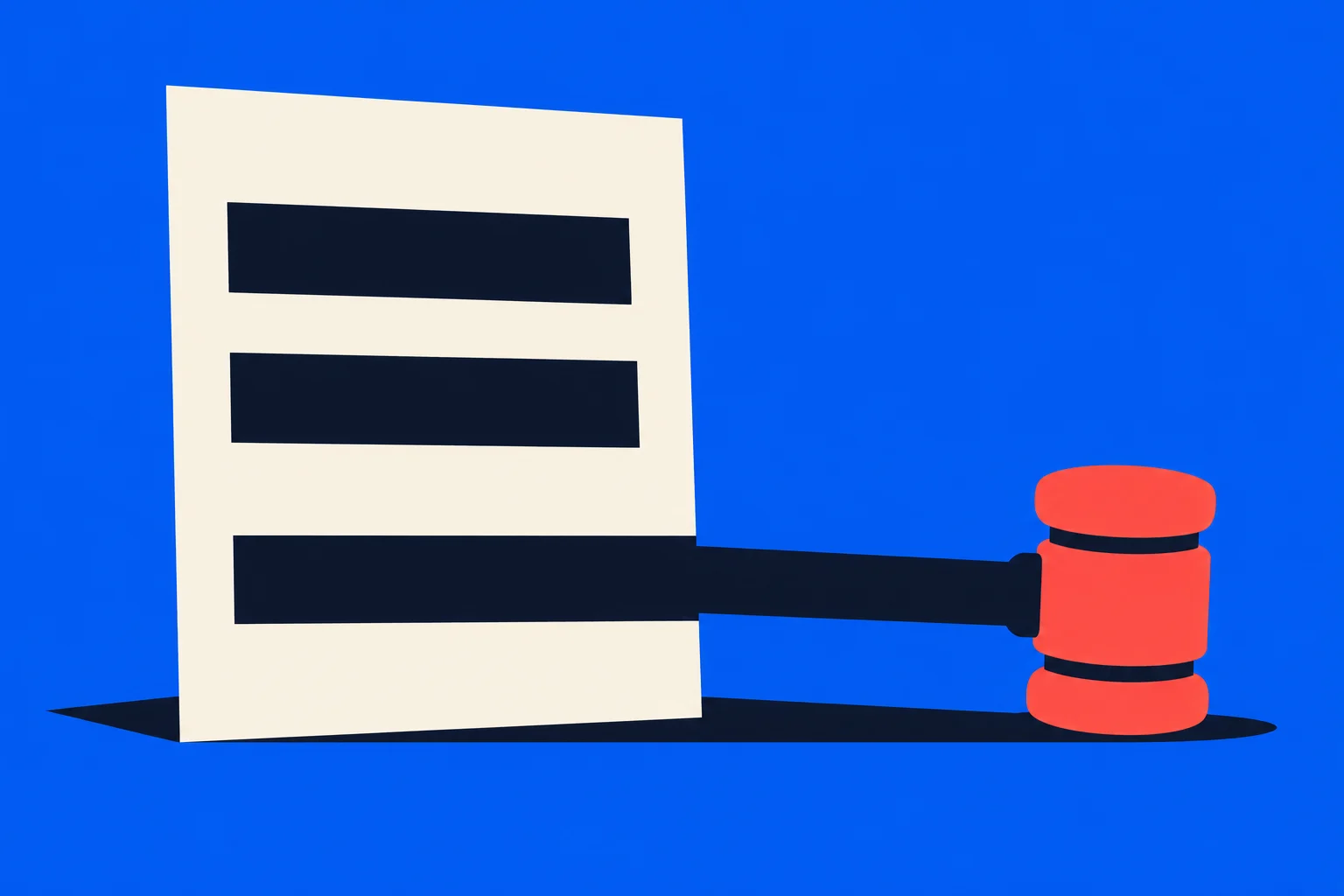 A cream document with three dark horizontal bars stands beside a red judge’s gavel against a bright blue background.